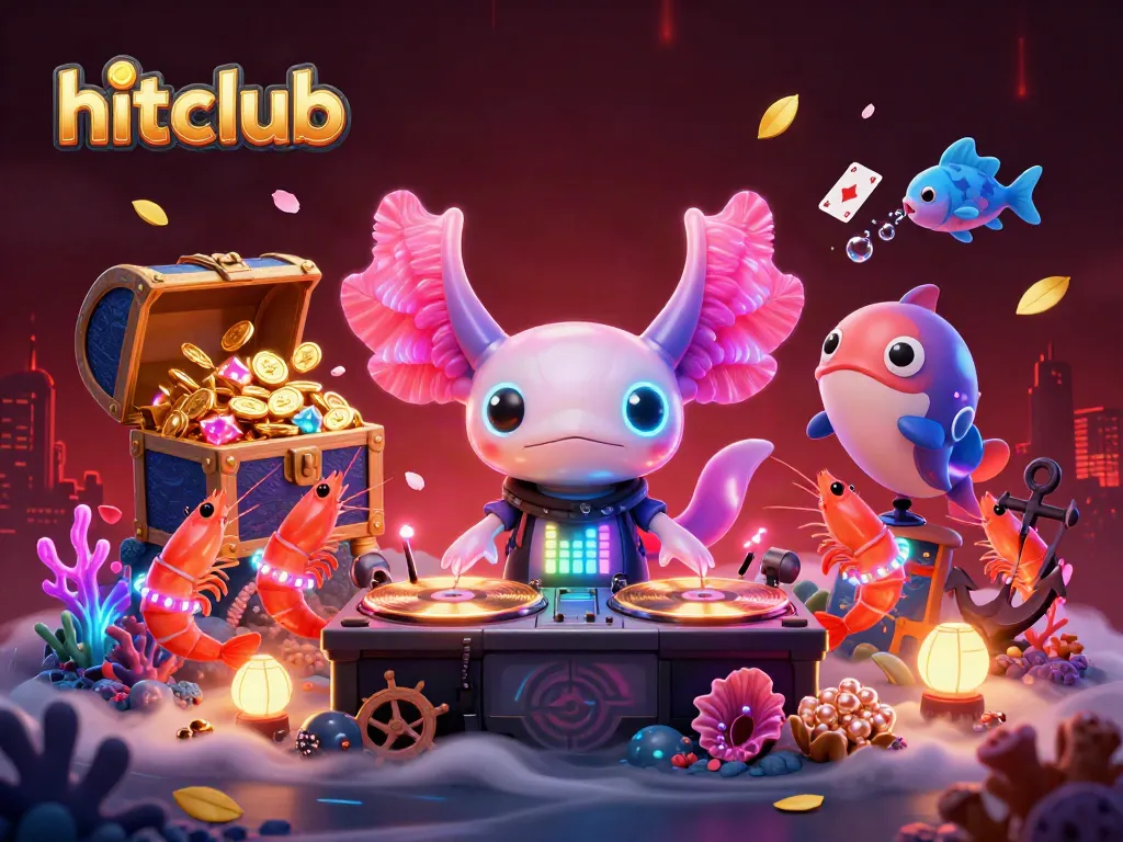 Engage with hitclub's vibrant underwater casino scene featuring a neon axolotl DJ and treasure-filled games.