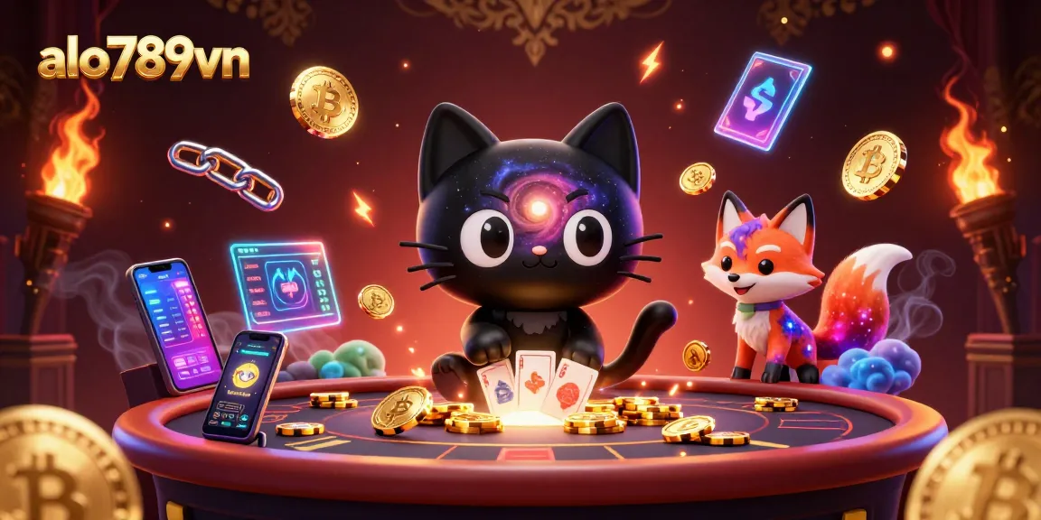 Action-packed scene showcasing alo789vn's vibrant cosmic casino with unique characters and crypto elements.