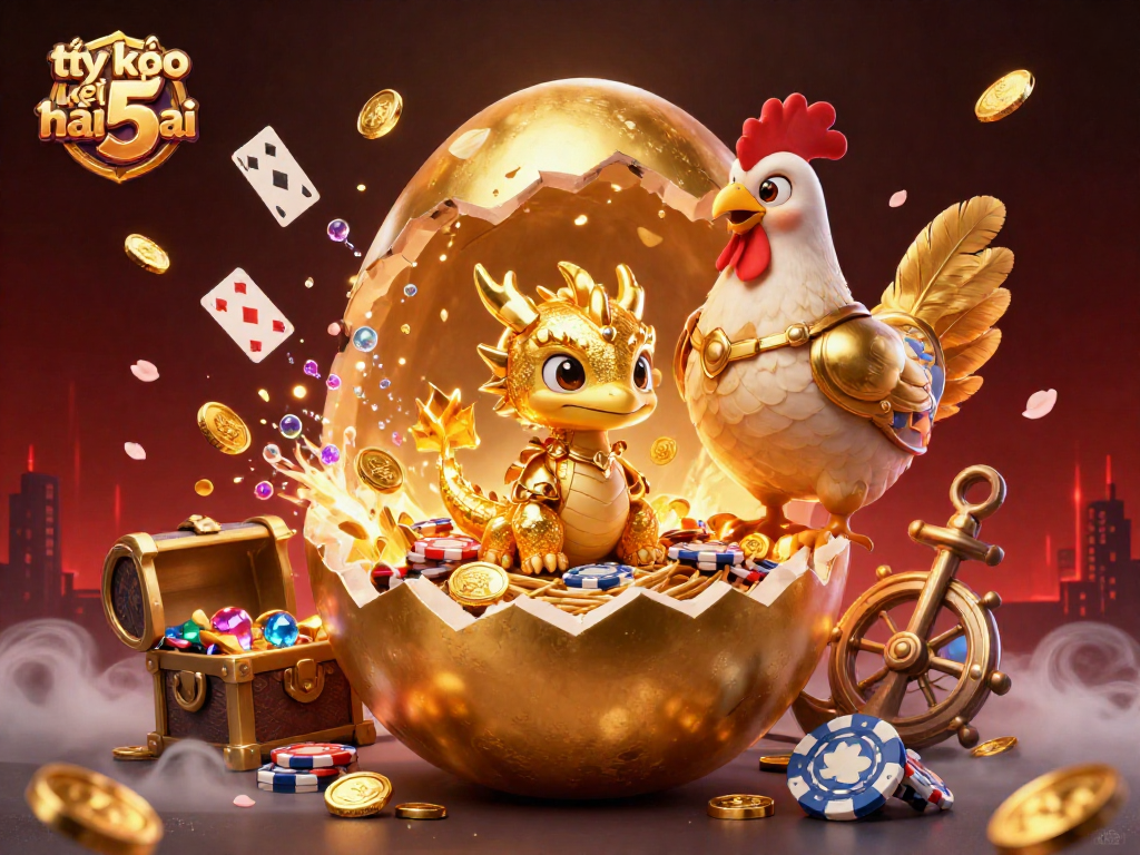 Experience the excitement of tỷ lệ kèo nhà cái 5 with a dazzling dragon and golden poker chips.