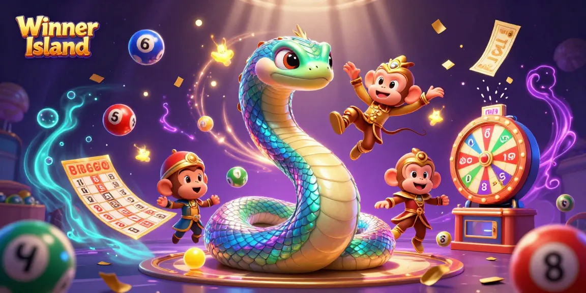 Experience thrilling gameplay at Winner Island with a vibrant jungle scene featuring a colorful serpent and treasure elements.