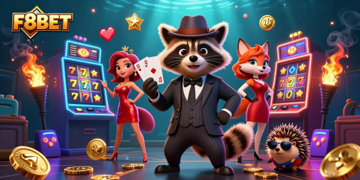 Engage in exciting gaming adventures with F8BET's immersive illustrations of a suave raccoon and charming companions.