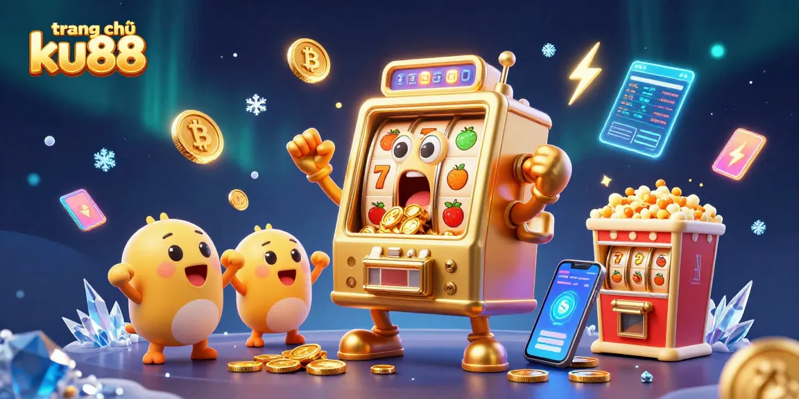 Experience the dynamic excitement at trang chủ ku88 as a golden slot machine hits a jackpot amidst a colorful casino scene.