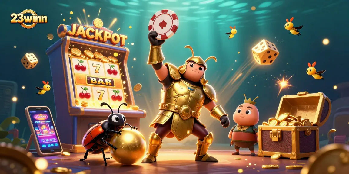 Experience thrilling wins with 23winn's vibrant jackpot scene featuring beetles and casino elements.