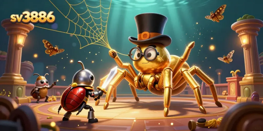 Watch the thrilling duel at sv3886 with a golden tarantula and beetle knight displaying elite cockfighting strategies.