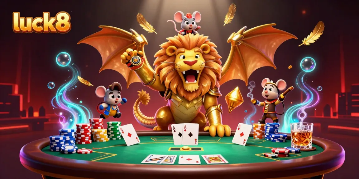 Experience a thrilling game at luck8 with a powerful chimera guarding poker chips and cards.