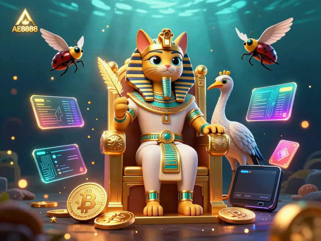 Spin the reels with AE8888's vibrant Egyptian-themed 3D casino illustration.