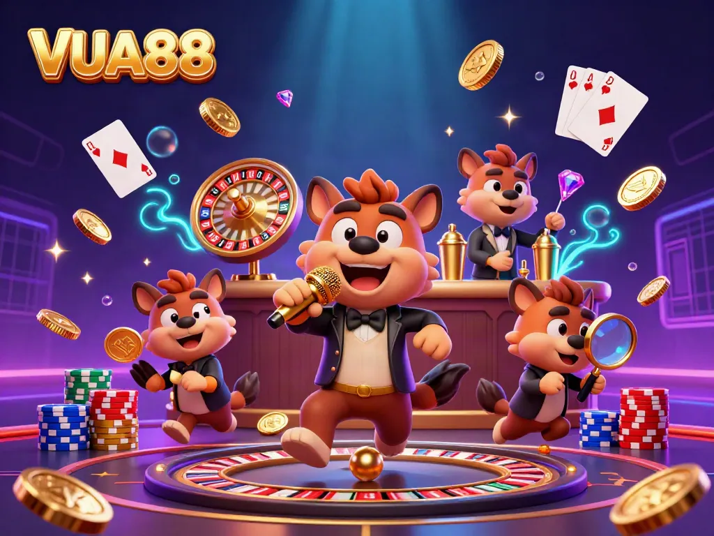 VUA88 enhances excitement with cartoon hyenas in a vibrant comedy casino scene.