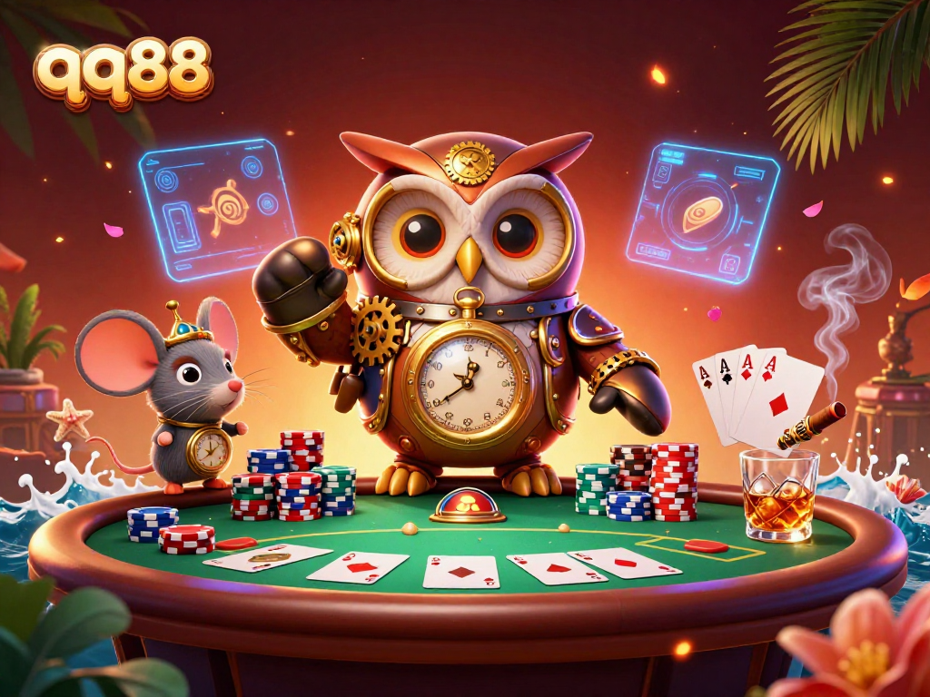 Experience the thrill of qq88 gaming in a vibrant casino scene with a time-traveler owl and futuristic elements.