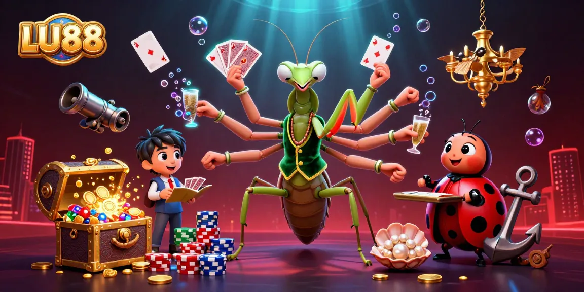 LU88 casino scene with a giant praying mantis card sharp dealing cards and gold coins bursting from treasure chests