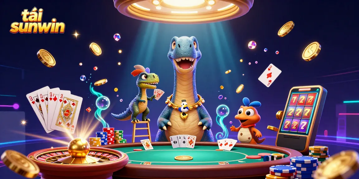 Spin and win at tải sunwin with a fun 3D casino scene featuring majestic dinosaurs and engaging gaming action.