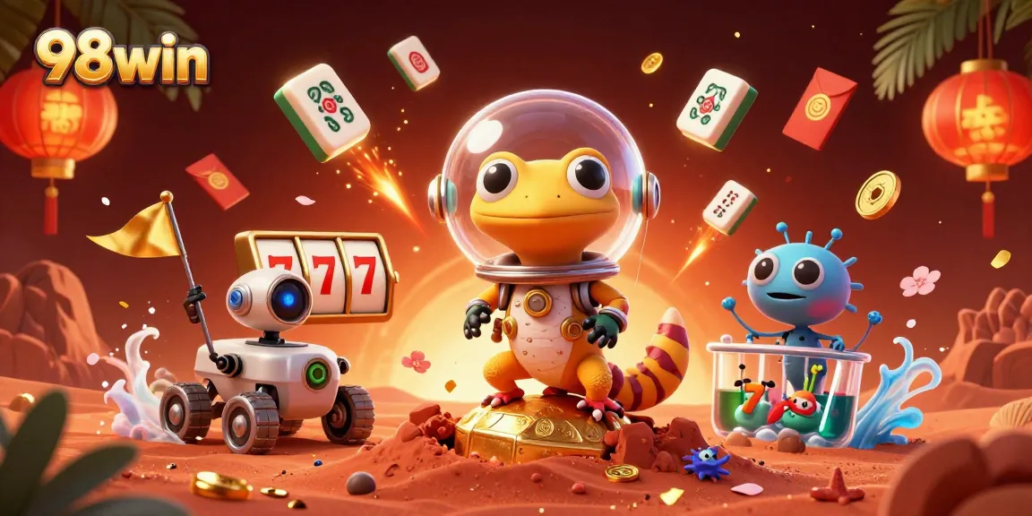Experience 98win's thrilling casino adventure with a Martian gecko in a golden setting.