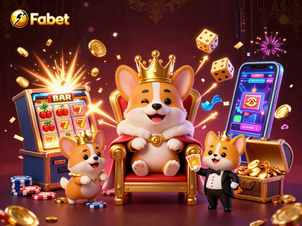 Fabet offers vibrant casino excitement with a royal corgi on a throne, surrounded by dynamic gaming elements.