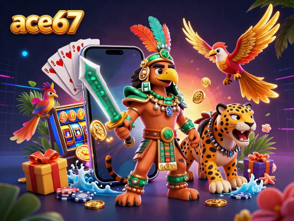 Experience the excitement of ace67 with a vibrant 3D illustration featuring slot game elements and dynamic characters.