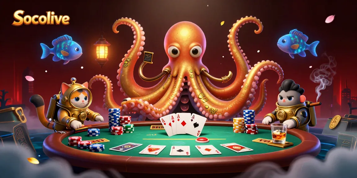 Socolive showcases a whimsical scene with a cartoon kraken, diving cat, and vibrant gambling elements.