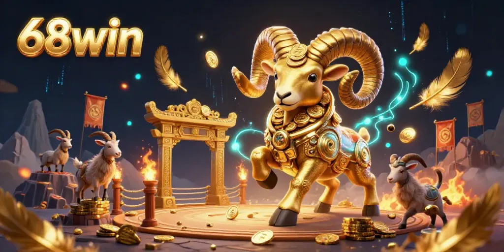 Engage in thrilling 68win adventures with a charging ram amidst dynamic casino symbolism.