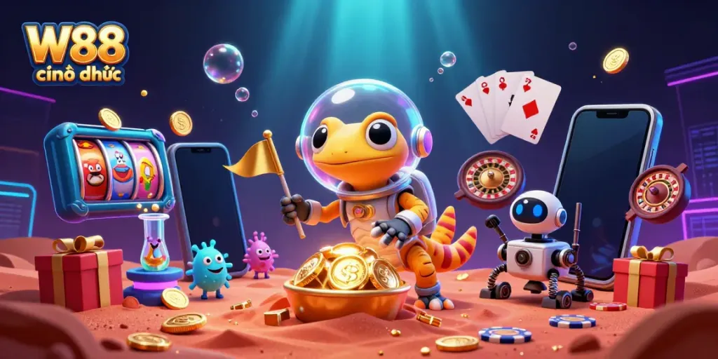 W88 chính thức showcases a 3D cartoon Martian gecko discovering a golden casino on Mars, rich with slot games and casino elements.