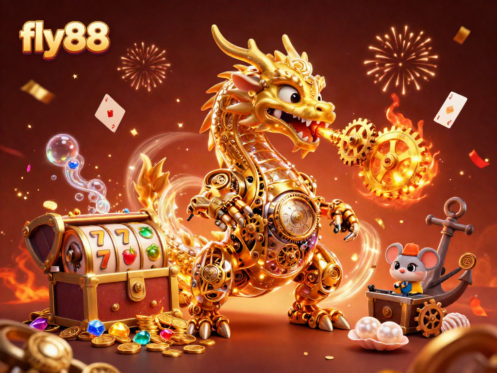 Win big with fly88's vibrant 3D casino illustration featuring a golden dragon and treasure!