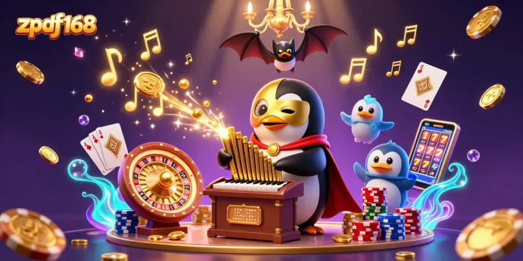 Experience zpdf168's engaging gaming scene with a whimsical penguin organ player amidst golden treasures.