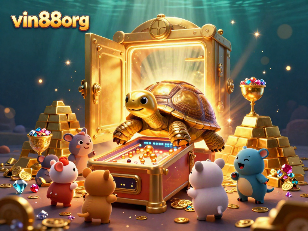 Engage with vin88org's vibrant casino adventure featuring a golden tortoise and treasures.