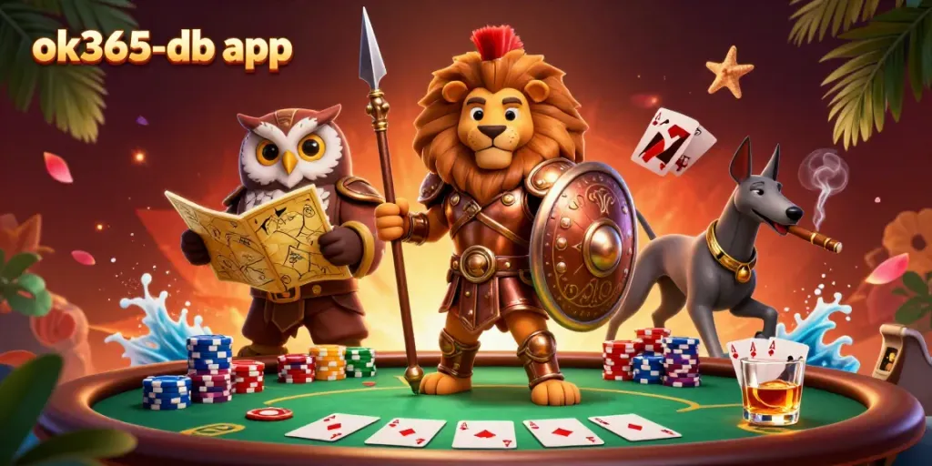 Engage in thrilling poker gameplay with the ok365-db app featuring Spartan lion and allies.