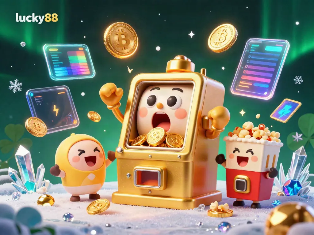 Experience the excitement of lucky88 as the jackpot spills coins, surrounded by vibrant crypto elements.