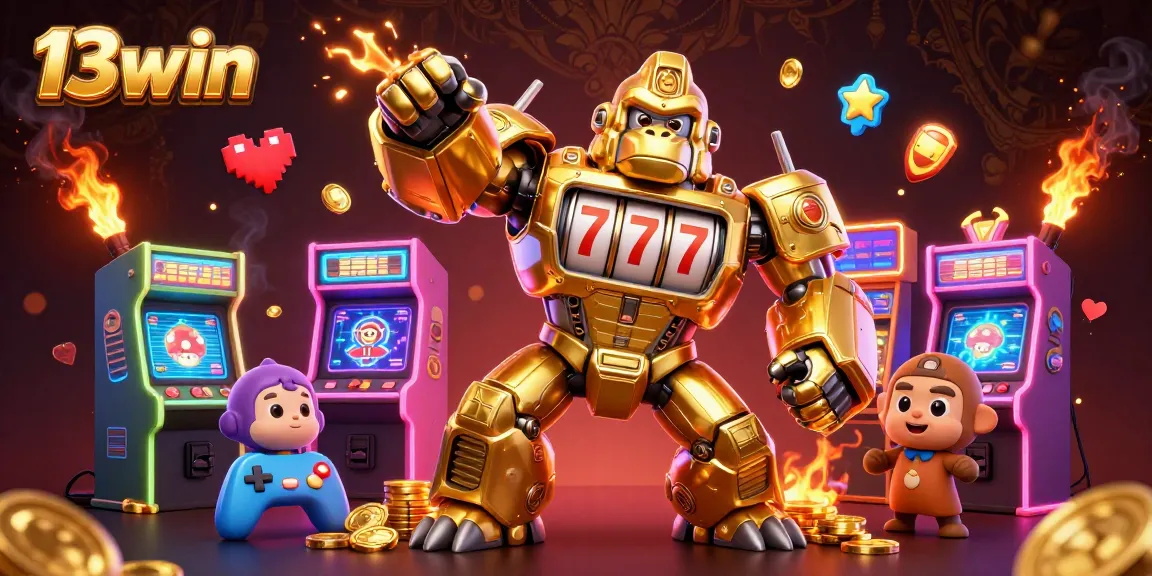 Engage with 13win's immersive 3D casino world featuring a golden gorilla mech amid vibrant gaming elements.