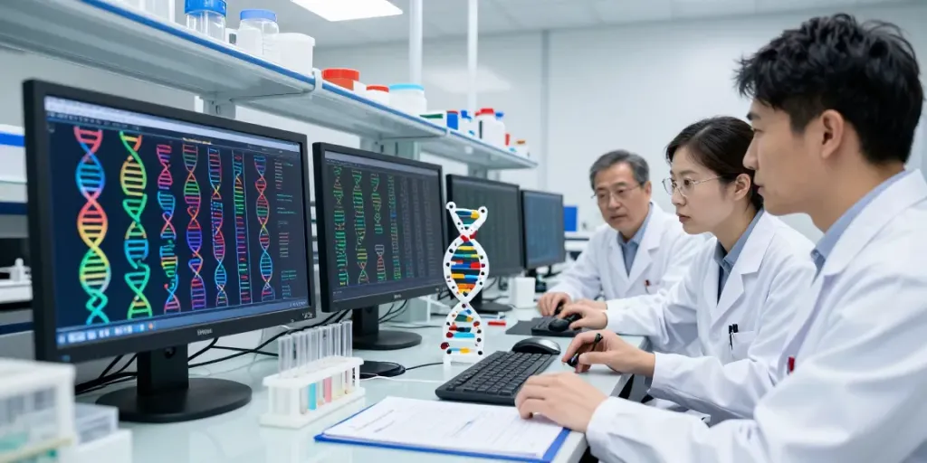 Scientists researching the H19 gene in a dynamic laboratory setting with DNA data analysis.