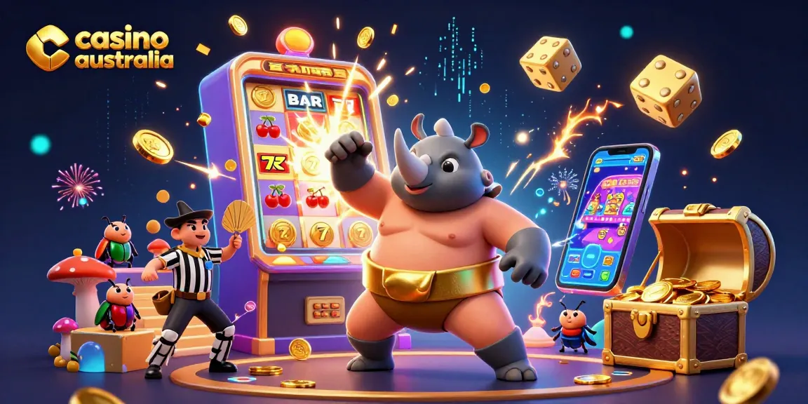 Experience the thrill of casino australia with an exciting beetle sumo match amidst vibrant casino elements.