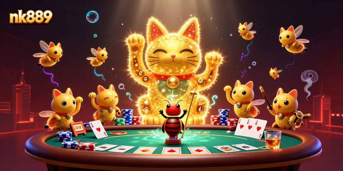 Engage in thrilling gameplay with nk889, featuring a captivating lucky cat symbol and poker elements.