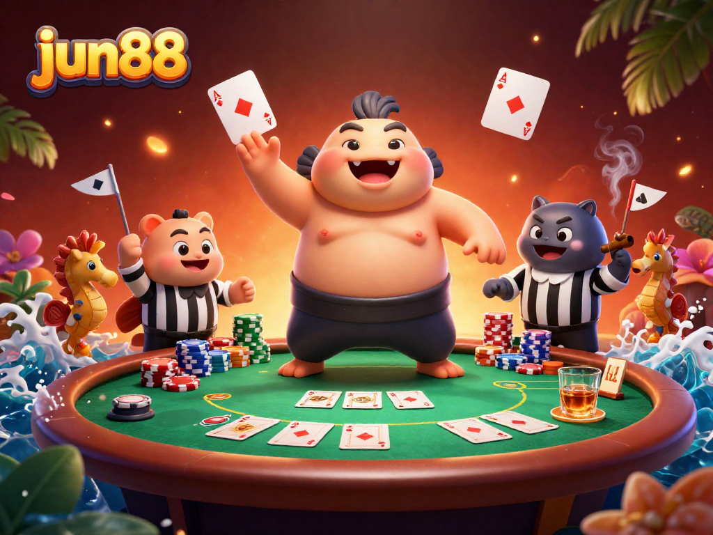 Experience the thrilling casino action at jun88 with animated fugu and exciting poker elements.