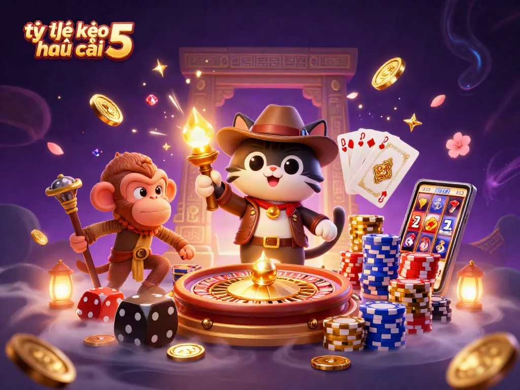 Engage with tỷ lệ kèo nhà cái 5 while navigating golden coins and vibrant casino artifacts in an adventurous scene.