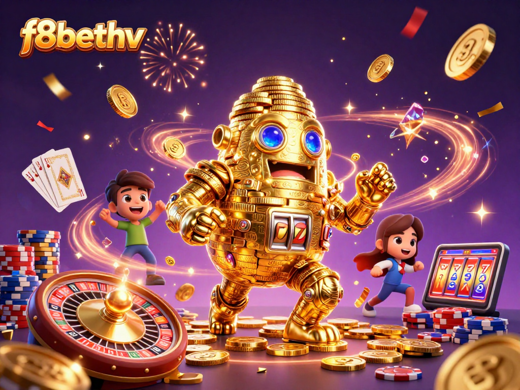 Experience the thrill of f8bethv with an ancient golden golem surrounded by casino elements like spinning roulette and cascading gold coins.