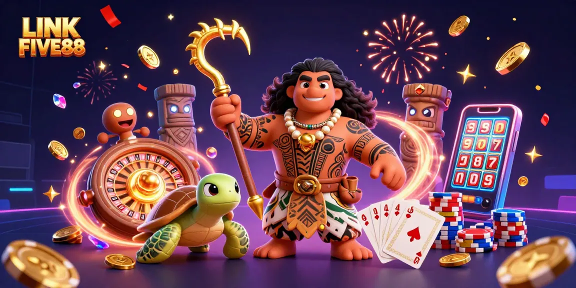 Experience excitement with LINK FIVE88 as a cartoon demigod and turtle celebrate casino wins.