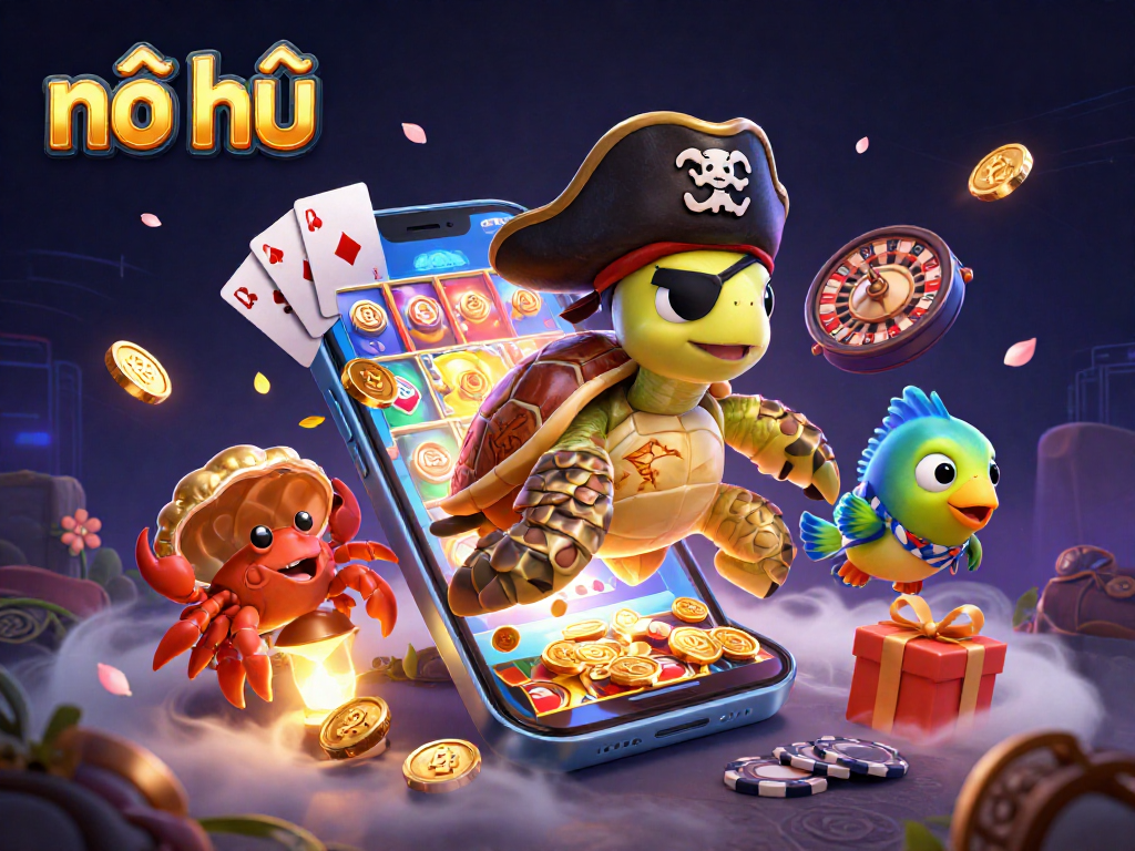 Spin the nổ hũ slot reels alongside a pirate turtle and treasure, celebrating rich gameplay!