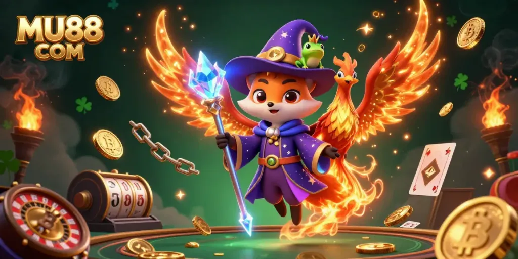 Experience the excitement of MU88 COM with a magical casino scene filled with vibrant characters and game elements.