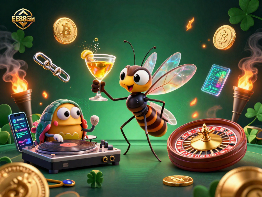 Engage with EE88COM's unique casino scene featuring a vibrant mascot, trilobite DJ, and golden roulette.