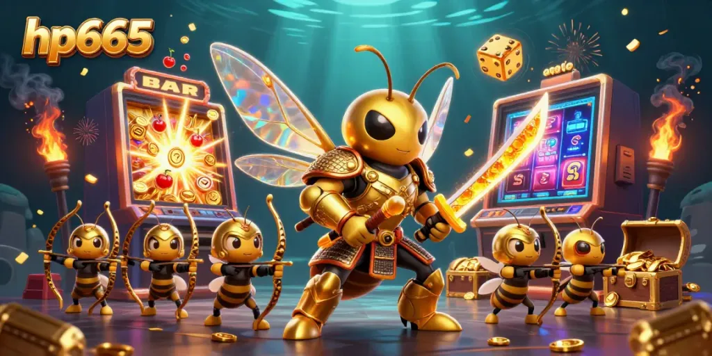Engage with hp665 in an exciting jackpot scene featuring a golden hornet and casino elements.