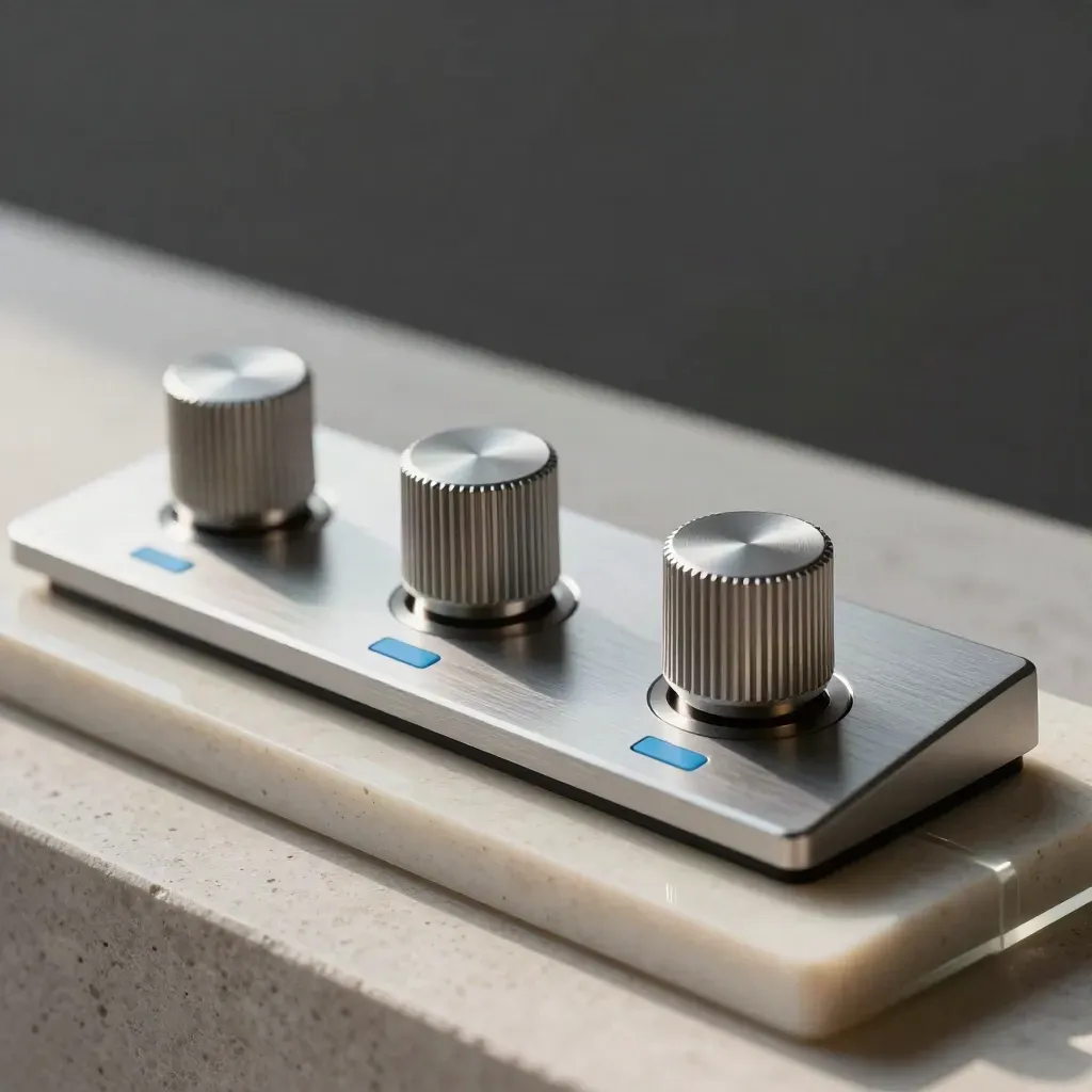 Mat aluminium paneel met drie schuifknoppen voor salarisfilters op travertin.