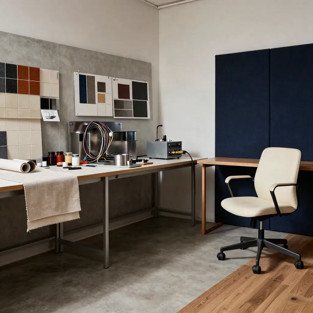 Drie lege werkplekken in een lichte loft: studio, technische bench en kantoorstoelsetting.
