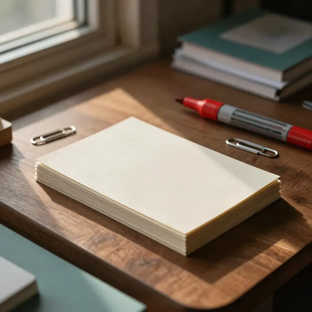 Schuin bovenaanzicht van cv-kaarten, rode markeerstift, paperclips en proefblad op warme houten ondergrond.