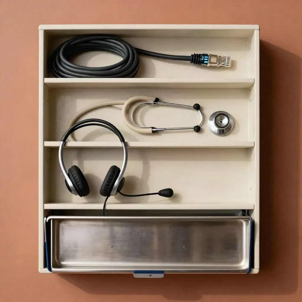 Vier gestapelde archiefvakken met kabel, stethoscoop, headset en inboxtray op warm terracotta.