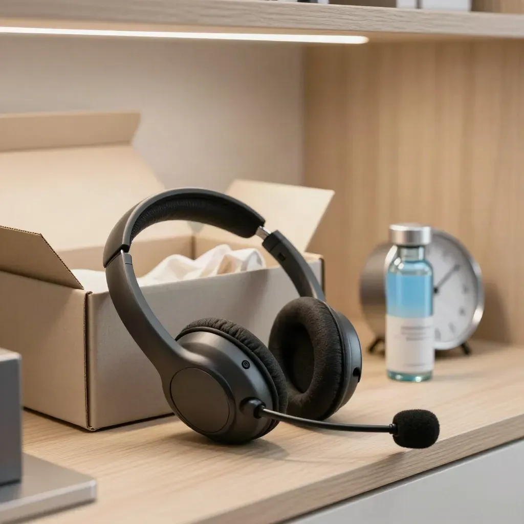 Moderne saleshoek met headset, open verzenddoos, productsample en klok in warm licht.