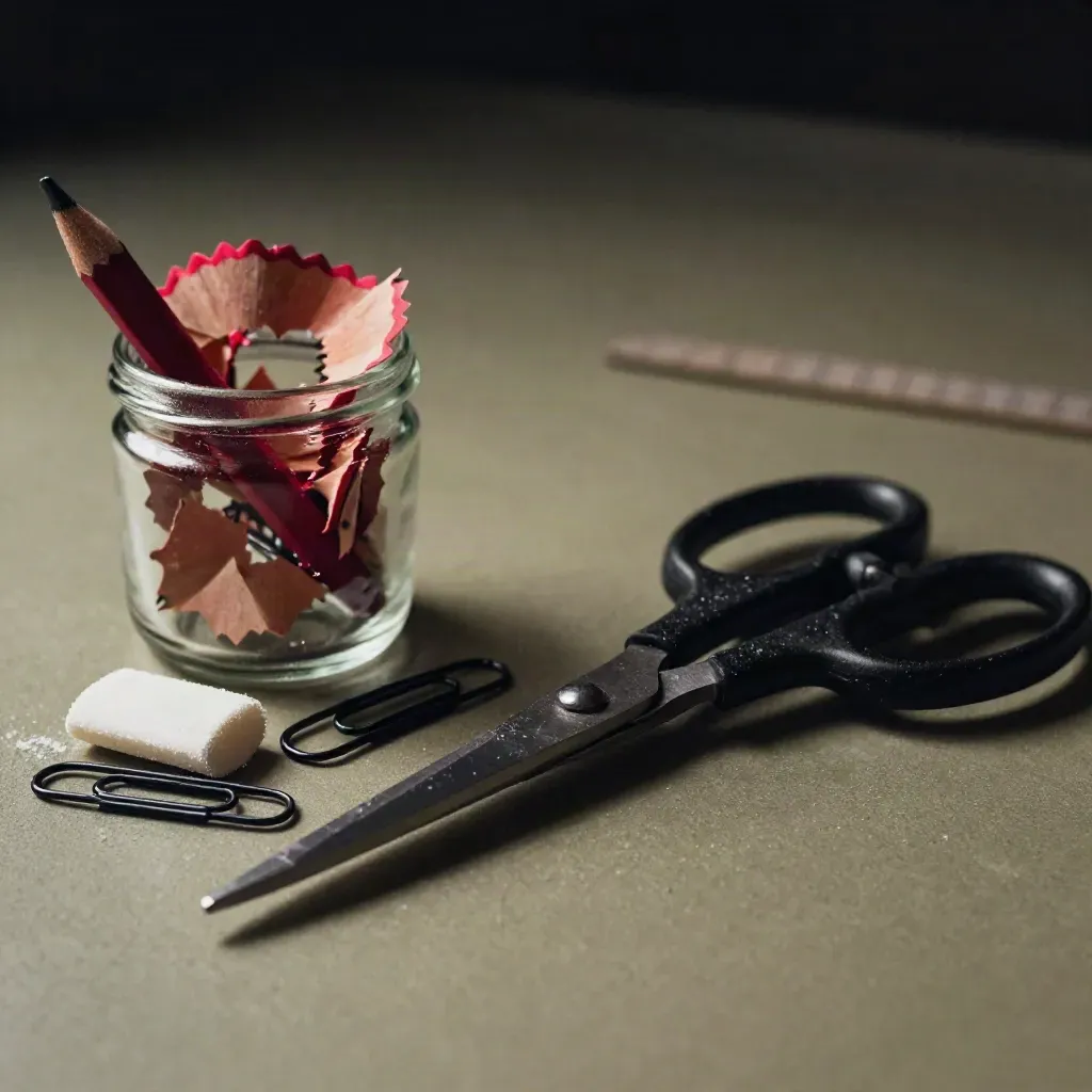Macro van rode potloodslijpsels, gum, paperclips en schaar op een redactietafel.