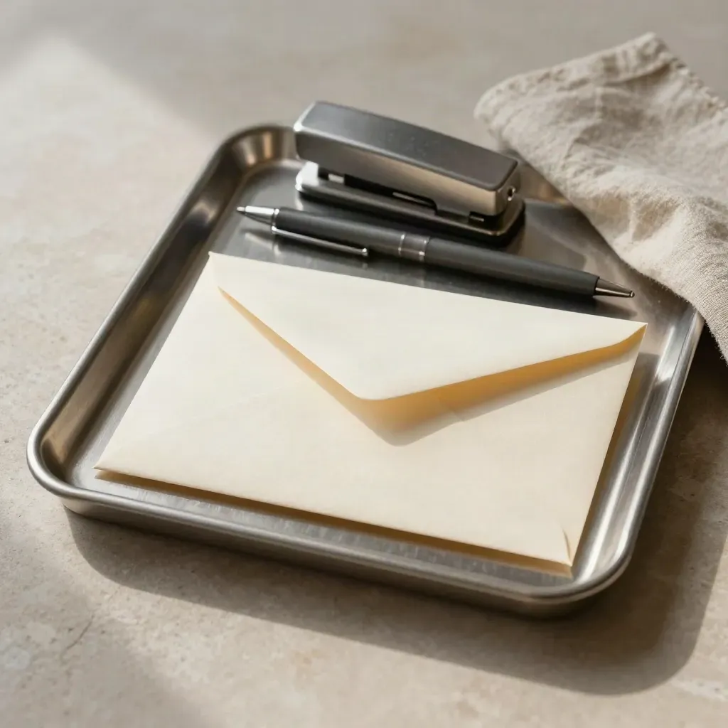 Metalen postvak met envelop, pen en envelopsluiter op steen, in zachte neutrale belichting