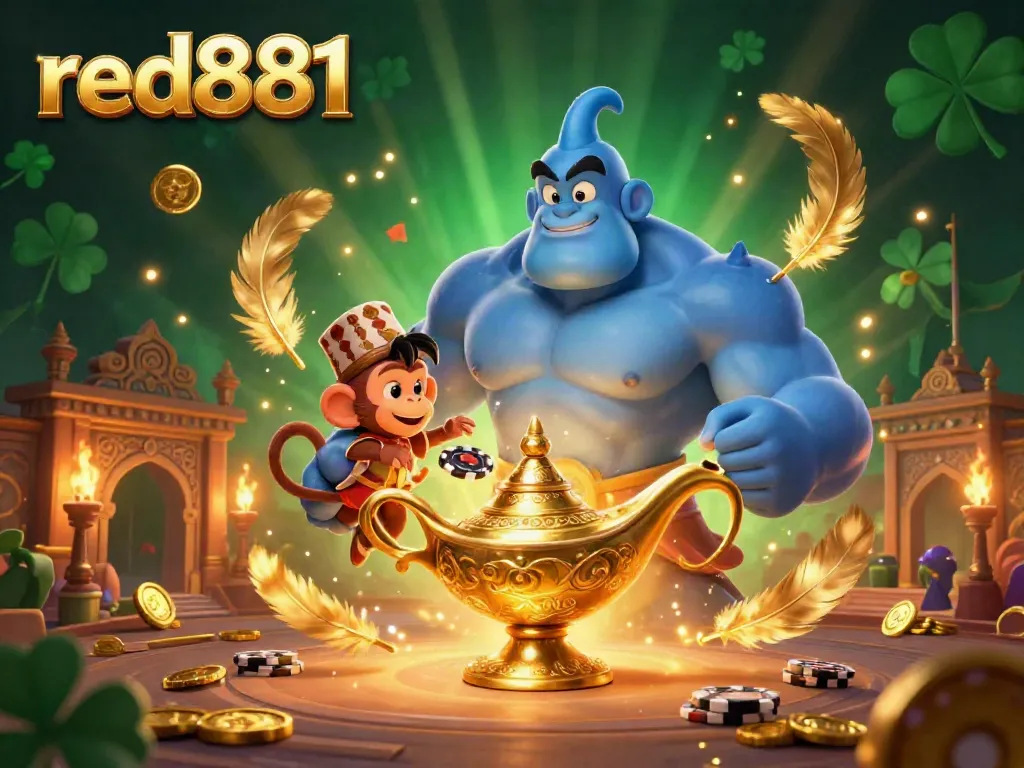 Experience the thrill of winning at red881 with a vibrant 3D casino illustration featuring a genie, monkey, and poker chips.