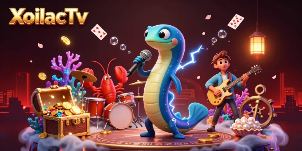 XoilacTv showcases vibrant underwater casino scenes with cartoon characters performing amidst treasures and playing cards.