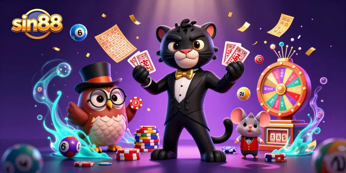 sin88 showcases a lively casino scene with a stylish panther, an owl, and a lucky mouse, emphasizing exciting gaming action.