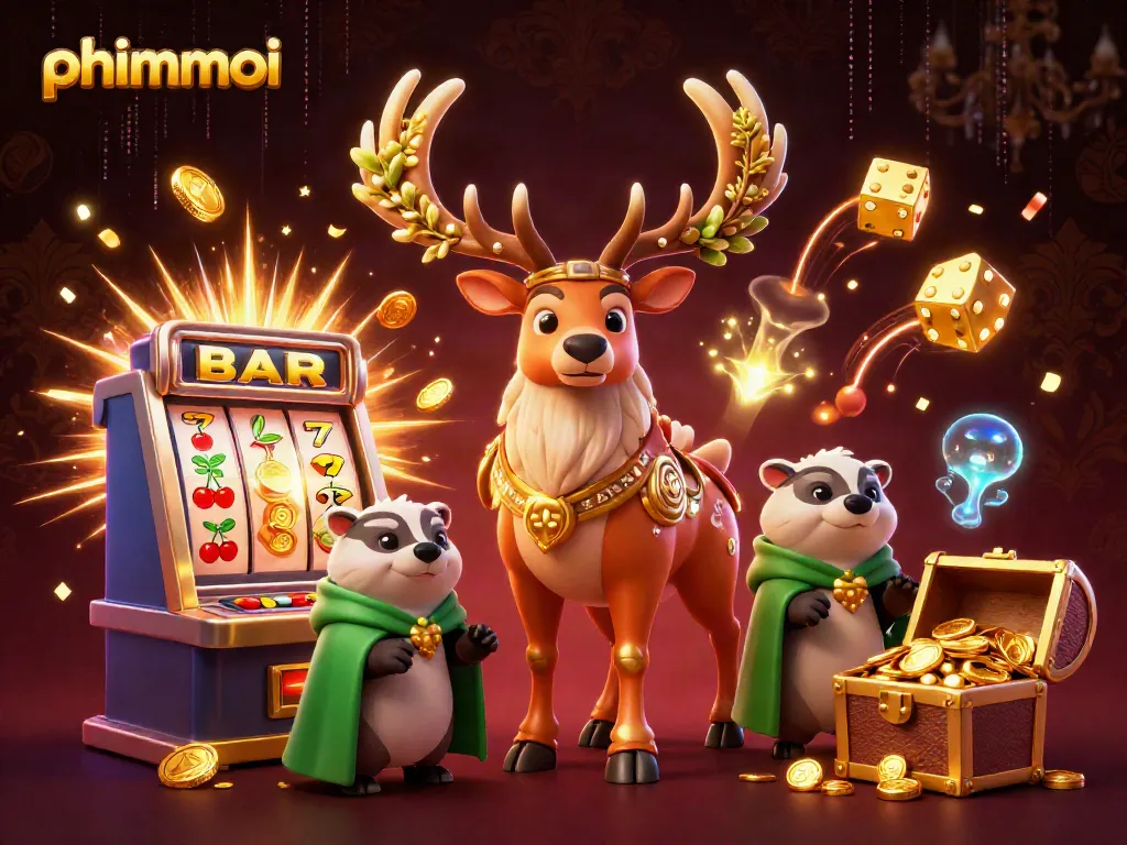 Experience phimmoi's vibrant casino scene with 3D characters and illuminated slot machine delights.