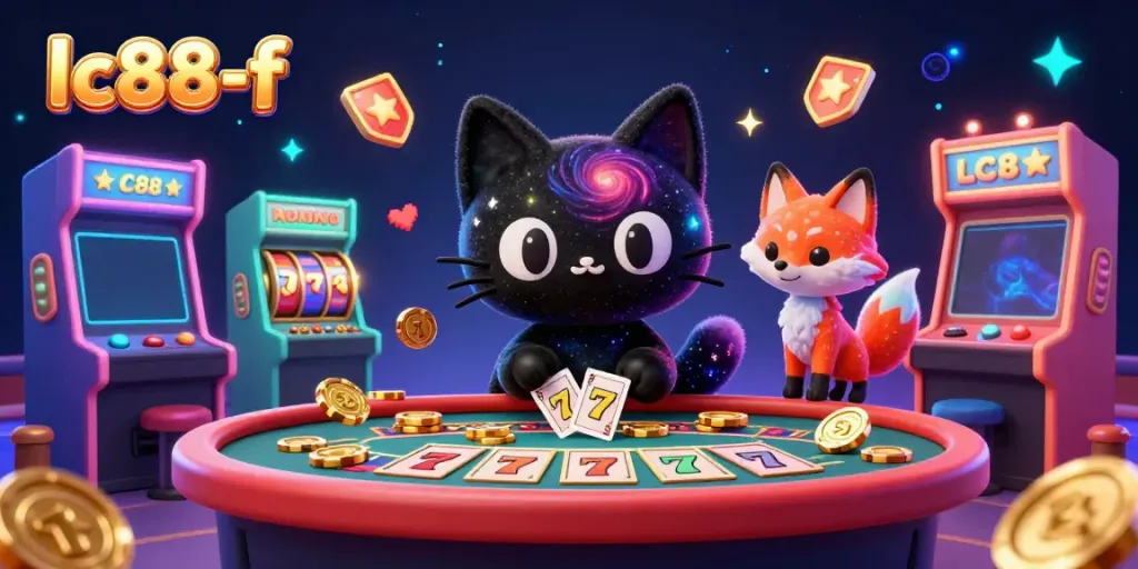Engage with exciting LC88-f casino adventures with the cosmic black hole cat and nebula fox in a vibrant gaming scene.