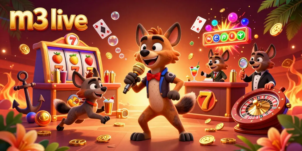Experience thrilling m3 live action with animated hyenas in a vibrant casino atmosphere featuring slot games.